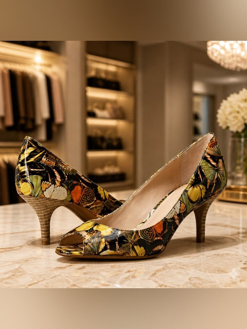 Rare Unique Tahari Butterfly Print Peep Toe Heels Size 7 Black Orange Retro MCM